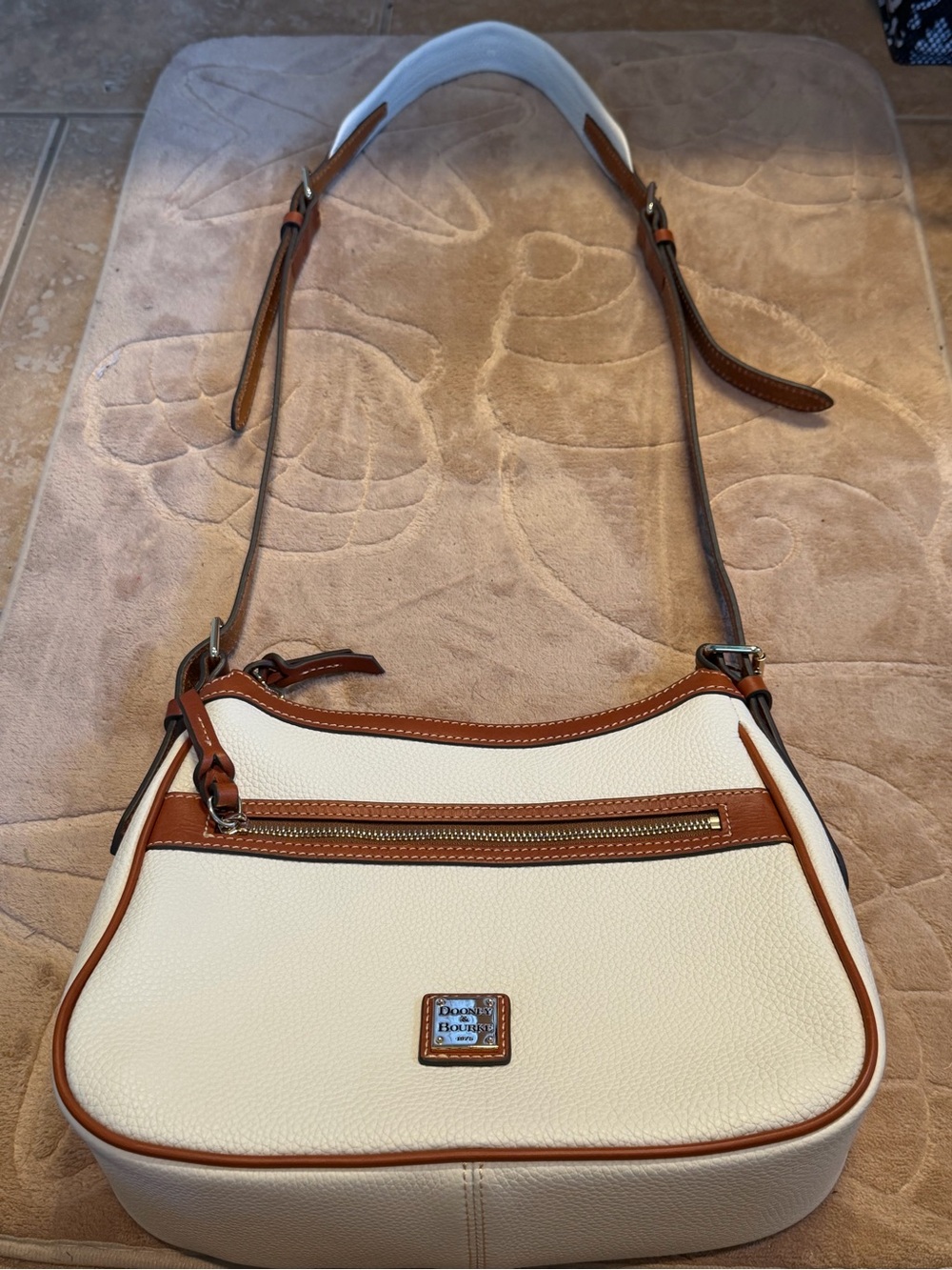 Dooney & Bourke Cream Pebble Leather Crossbody with Brown Trim piper nwot